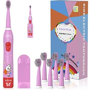 CHAIN PEAK Spazzolino elettrico Sonic per bambini, spazzolino ricaricabile per bambini dai 3 ai 12 anni con promemoria 30 secondi, timer 2 minuti, 6 modalità, 6 testine, supporto a parete