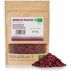 FRISAFRAN | Bacche di Goji Bio 200g | bacche di goji disidratate | Bacche secche | Antiossidanti | Spuntino salutare | Essiccate al sol | Frullati | Senza zuccheri aggiunti | Frutti interi | no zolfo