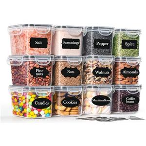 GoMaihe Contenitori ermetici per alimenti con coperchi, 0,8 l x 12 pezzi, in plastica, contenitori per alimenti per cereali, farina, zucchero, snack, inclusi cucchiai, etichette e pennarelli