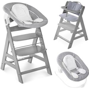 hauck Seggiolone Pappa Alpha Plus Set Newborn - Sediolone Pappa Bimbi In Legno, Evolutivo con Sdraietta Neonati Dondolo 2in1 e Cuscino - Grigio