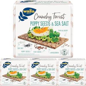 Wasa Crunchy Twist Poppy Seeds & Sea Salt, Cracker Integrali Ricchi di Fibre con Farina di Segale, Semi di Lino, Semi di Papavero e Sale Marino, Fette Sottili e Croccanti, Ideali come Snack, 245 g
