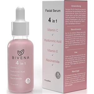 Bivena 4 in 1 Premium Siero Viso Estivo - Siero di Vitamina C, Siero di Ialuron, Siero di Niacinamide, Siero di Vitamina E - Glow - Cura del Viso Vegana - Antietà, Anti Brufoli - Dermaroller/Dermapen