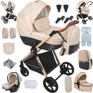 NADDLILY Passeggino 4 in 1, Passeggino Trio con Spinta Reversibile a Due Vie, Trio Passeggino Neonati con Accessori, Carrozzina per Neonati con Design Portatile Pieghevole Un Clic (H2 Yellowish)