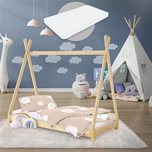 ML DESIGN modern living ML-Design Letto Montessori Tipi per Bambini 70 x 140 cm Naturale, in Legno di Pino Massiccio, Lettino a Terra a Forma di Tenda Indiana, Giroletto con Materasso Sfoderabile in Schiuma Fredda