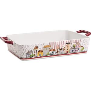 Egan Pirofile Collezione Paese Mio. Pirofile in stoneweare di Colore Rosso con Fantasia a Paesaggio. Misure: 37x22 cm. La refernza è 121023