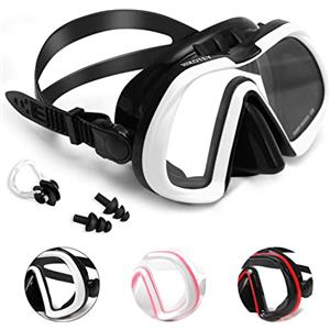 HIKOTEY Occhiali da Sub per Adulti,Maschera per Immersioni Anti-Nebbia & Anti-Perdite Panoramica 180°,Protezione UV,Dotato di Tappi per le Orecchie e Clip il Naso,Adatto a Uomini e Donne-Bianco e Nero