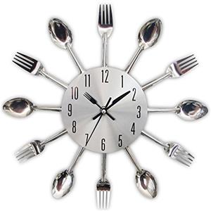 TimeLike - Orologio adesivo 3D da cucina, effetto specchiato, con motivo forchette e cucchiai, rimovibile, da arredamento 32*32*4CM argento