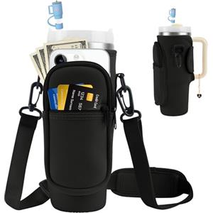 GmwyCzV Porta Bottiglia d'Acqua per Stanley Cup da 40 oz, Borsa Stanley Cup con Tracolla e Tasca per Telefono, Multifunzionale Borsa Porta Bottiglia d'Acqua per Stanley, Stanley Cup Accessorio (Nero)