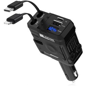 Libershine Retrattile Caricabatterie Auto, 66W Caricatore Rapido per Telefono da Auto, Caricatore Auto USB Ricarica Rapido 4 in 1, 2 Cavi Retrattili e 2 Porte, Compatibile con iPhone/iPad/Samsung/Xiaomi/Huawei