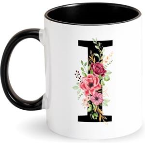 Tarklanda Iniziale Tazza con Fiori Tazza da caffè con Lettere Tazza di Porcellana Tazze Colazione Nero Personalizzata Regali per Donne, Moglie, Madre a Compleanno, Festa della Mamma, Natale (I)