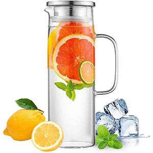 HwaGui Caraffa in vetro con coperchio in acciaio inossidabile, brocca d'acqua per tè freddo e succo di frutta 1L / 35oz