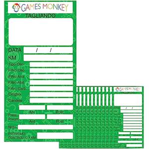 GamesMonkey® - Etichette Tagliando Auto Adesivi - 9x5 CM - Impermeabili - Manutenzione Cartellino Motore Cambio Olio freni Candele Filtri Cinghia Pneumatici Veicolo (15 Pezzi, Verde)