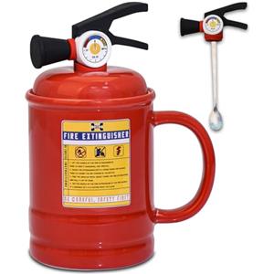 ZONSUSE Tazza Dell'estintore,Tazza Personalizzata Ceramica,Tazze Colazione con Coperchio Cucchiaio,Tazze Caffe Divertenti, Regalo per Uomini Donne Padre Amici Bambini Vigili del Fuoco 480ml (B-Rosso)