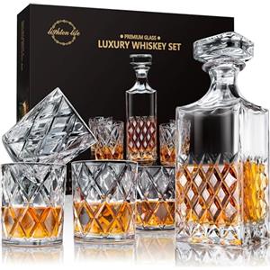 LIGHTEN LIFE Set decanter per whisky, decanter da whisky in cristallo da 849 ml con 4 bicchieri in confezione regalo, decanter da whisky senza piombo e set di vetro, set di decanter Bourbon di alta
