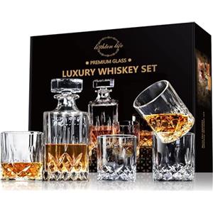 LIGHTEN LIFE Set di 5 decanter per whisky, senza piombo con 4 bicchieri in confezione regalo, set di decanter in cristallo borbonico con bicchieri, set decanter da whisky per uomini, papà, marito