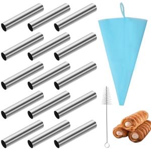 GYSRXS 15 Pezzi Stampi per Cannoli Acciaio Inossidabile Stampo per Croissant con Spazzola di Pulizia e Sac à Poche Cannoli Tubi Set per Croissant,Cremoso Pasticceria
