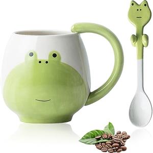 Yuragim Tazza a forma di rana, con cucchiaio, 400 ml, dolce tazza da caffè a forma di rana, in ceramica, per tè, caffè, latte, regalo di Natale, compleanno per ragazze