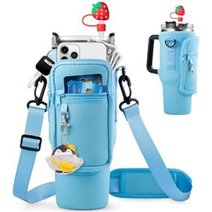 GmwyCzV Porta Bottiglia d'Acqua per Stanley Cup da 40 oz, Borsa Stanley Cup con Tracolla e Tasca per Telefono, Multifunzionale Borsa Porta Bottiglia d'Acqua per Stanley, Stanley Cup Accessorio (Blu)
