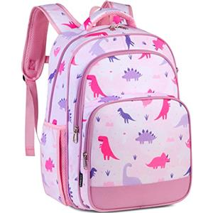 VASCHY Zaino per bambini ragazze ragazzi carino 40,6 cm zaino scuola elementare con cinturino petto fibbia e scomparti multipli, Dinosauro Rosa, taglia unica, Casual