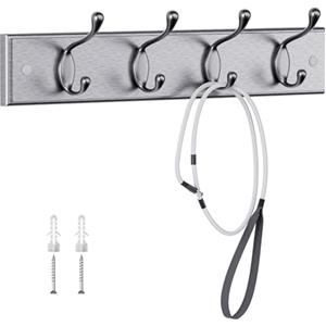 LaFleurs Appendiabiti da Parete in Legno - 4 Ganci Doppi in Metallo - 40 cm - Attaccapanni da Muro Moderno in Legno per Ingresso, Cameretta e Bagno - per Cappotti Borse Chiavi - Metallizzato