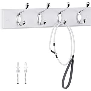 LaFleurs Appendiabiti da Parete in Legno - 4 Ganci Doppi in Metallo - 40 cm - Attaccapanni da Muro Moderno in Legno per Ingresso, Cameretta e Bagno - per Cappotti Borse Chiavi - Bianco