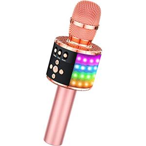 BONAOK Microfono Bluetooth per Karaoke Senza Fili con Luci LED Controllabili, Altoparlante Portatile per Karaoke di Compleanno, per Feste di Compleanno, per Android/PC (oro rosa)