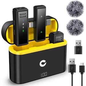 CAHAYA Microfono Lavalier Wireless per Iphone: Microfoni Wireless 2,4GHz con Custodia di Ricarica Compatibile con iPhone Android per Fotocamera PC