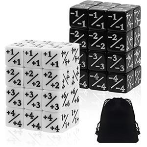 Libershine Contatori di Dadi, Dadi Fedeltà Dadi Token Dadi D6 Set, 48 Pezzi Dadi Gettone con Borse Compatibile con MTG, CCG, Accessori per Gioco di Carte(12X Bianco+1/+1 e 12X Nero -1/-1)