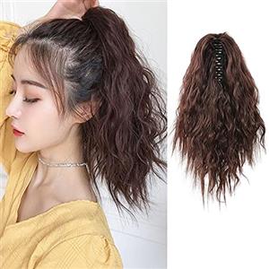 Meiriyfa, Extension per capelli a coda di cavallo, con capelli corti ondulati, da fissare con pinza per capelli, da donna, per uso quotidiano e feste (castano scuro)