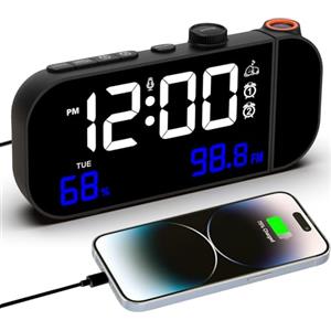VORRINC Sveglia con Proiettore Soffitto, Radiosveglia Temperatura e Umidità, Sveglia da Comodino con Funzione Snooze/Timer di Spegnimento/Luminosità e Regolazione del Volume/Ricarica USB/ 12/24 - Nero