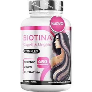 Vitastrong. Vitastrong Biotina Capelli 450 Compresse Alto Dosaggio (15 Mesi) Biotina Complex Premium con Cheratina, Selenio, Zinco, Rame, Bamboo, Vitamine per Capelli e Unghie