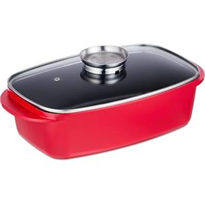 Relaxdays Pirofila da Forno con Coperchio, Teglia 5 L, Pomello per Aromatizzazione Piano Cottura Elettrico e Gas, Rosso, Alluminio, 15 x 39,5 x 22 cm