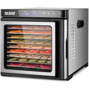 YASHE Essiccatore Alimentare in Acciaio Inox, Regolazione Precisa della Temperatura (35-75°C), Timer di 48 Ore, 9 Vassoi in Acciaio Inox, 2 Setacci in Rete, 1 Vassoio per Rotoli di Frutta, 1000W