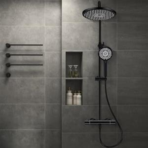 GAOZHI Miscelatore Doccia Set,Sistema Doccia,Miscelatore Doccia Termostatico Set,Doccia Nero Set,Design Rotondo Con Soffione Doccia Pioggia,Doccia Mano Regolabile In Altezza,Doccia Cromo Antiscottatura Set