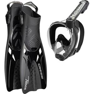 CRESSI Baron+Tonga Combo Black/Black S/M-Set Maschera Integrale Baron, Ampia Visuale, Sistema Antiappannamento, Facile Respirazione+Pinne Leggere Regolabili Tonga, Nero/Nero, S/M