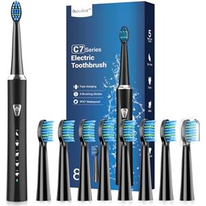 Coulax Pro Spazzolino Elettrico Sonico per Adulti e Bambini - Spazzolino Elettrico con 8 Testine, 5 Modalità, Impermeabile IPX7, Spazzolini Elettrici ad Ultrasuoni per Famiglia e Viaggi, Nero Scuro