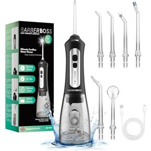 BarberBoss Idropulsore, Irrigatore orale portatile, Idropulsore dentale elettrico, Idropulsore dentale, Kit per la pulizia dei denti, Idropulsori orali senza fili per gengive sane, QR-7025 (Nero)
