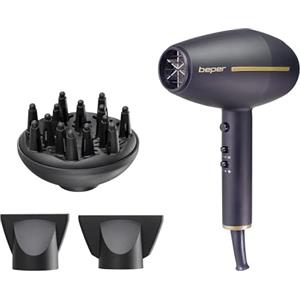 Beper Asciugacapelli Professionale con Motore Ac, 2 Velocità e 3 Temperature, Modalità di Aria Calda e Fredda, Potenza 2400W - Nero/Oro