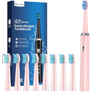 Coulax Pro Spazzolino Elettrico Sonico per Adulti e Bambini - Spazzolino Elettrico con 8 Testine, 5 Modalità, Impermeabile IPX7, Spazzolini Elettrici ad Ultrasuoni per Famiglia e Viaggi, Rosa Perlato