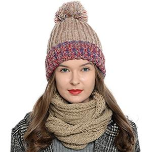 DonDon Berretto Beanie Invernale con pompon da Donna lavorato a Maglia con foderna interna calda e morbida - Marrone rosso Blu