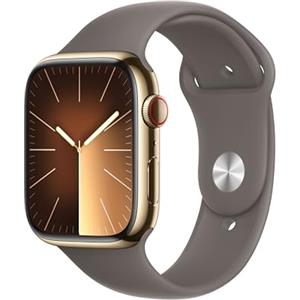 Apple Watch Series 9 GPS + Cellular 45mm Smartwatch con cassa in acciaio inossidabile color oro e Cinturino Sport grigio creta - S/M. Fitness tracker, app Livelli O₂, display Retina always-on