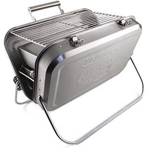 BRISA VW Collection - Volkswagen Barbecue Portatile a Valigia con griglia, vaschetta di Raccolta della carbonella e Maniglia di Trasporto in Acciaio Inox Campervan T1 Bus Design (Silhouette/Argento)