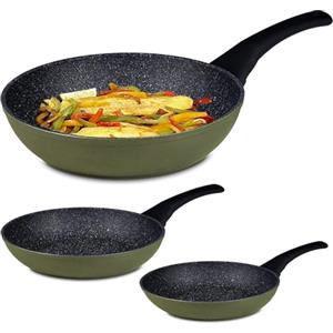 Avilia Tris Padelle Antiaderenti 20-24-28 cm, Alluminio Pressofuso, Rivestimento Antiaderente, Manici Ergonomici in Bachelite