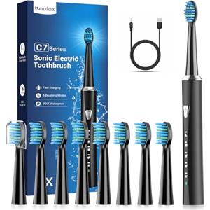 Coulax Pro Spazzolini da Denti Elettrici Sonici con 8 Testine - Spazzolino da Denti Elettrico per Adulti e Bambini, 5 Modalità, IPX7, Una Ricarica per 120 Giorni di Utilizzo, Spazzolino da Denti Nero Opaco