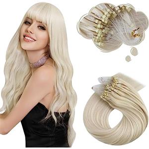 Moresoo Extension Microring Capelli Veri Biondo Platino Remy Invisibili Extension Capelli con Anelli Biondo 60 cm 50g 50 Ciocche #60