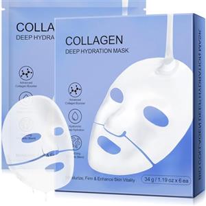 QLIGES Maschera viso al collagene bio, maschera coreana al collagene, maschera viso per la cura della pelle durante la notte per lenire, riparare, idratare in profondità (Blue-6pcs)