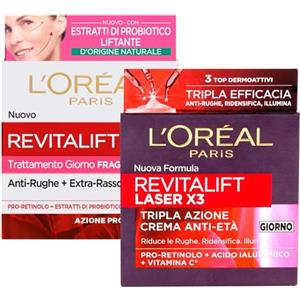 L'OREAL PARIS L'Oréal Paris Revitalift Fragrance Free Crema Viso Antirughe con Probiotico e Pro-Retinolo Effetto Lifting 50ml + Crema Giorno Laser X3 Anti-Età Rassodante Acido Ialuronico e Vitamina C 50ml - 2 Creme