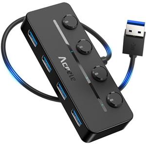 Aceele Hub USB 3.0, 5-in-1 Sdoppiatore USB 3.0 con Interruttori di Alimentazione LED Individuali & Porta Alimentazione Tipo C, Multi USB Hub per PS5/Mac Pro/Macbook Air/XPS/Notebook PC e Altro