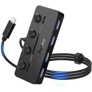 Aceele Hub USB C 4 Porte USB 3.0 con Cavo Lungo 100cm, Sdoppiatore USB da 5 Gbps con Interruttori di Alimentazione LED Individuali e Porta di Alimentazione di Tipo C per Laptop MacBook Air Pro iMac