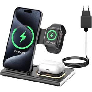 Aimtel 3 in 1 Stazione di Ricarica Wireless Pieghevole compatibile con Apple Watch 10/Ultra 2/9/8/7/SE/iPhone 16/16 Pro/16 Pro Max/16 Plus/15/14/13/12/Air Pods Pro/4/3/2 Luci Notte Caricatore Wireless